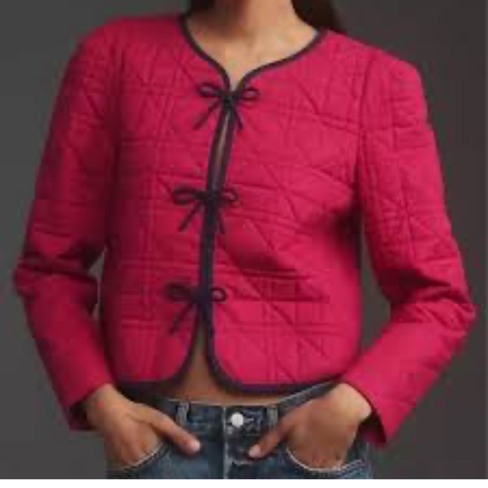 Anthropologie Dolan Pink Quilted blazer Jacket with Navy Trim size M NWT‎